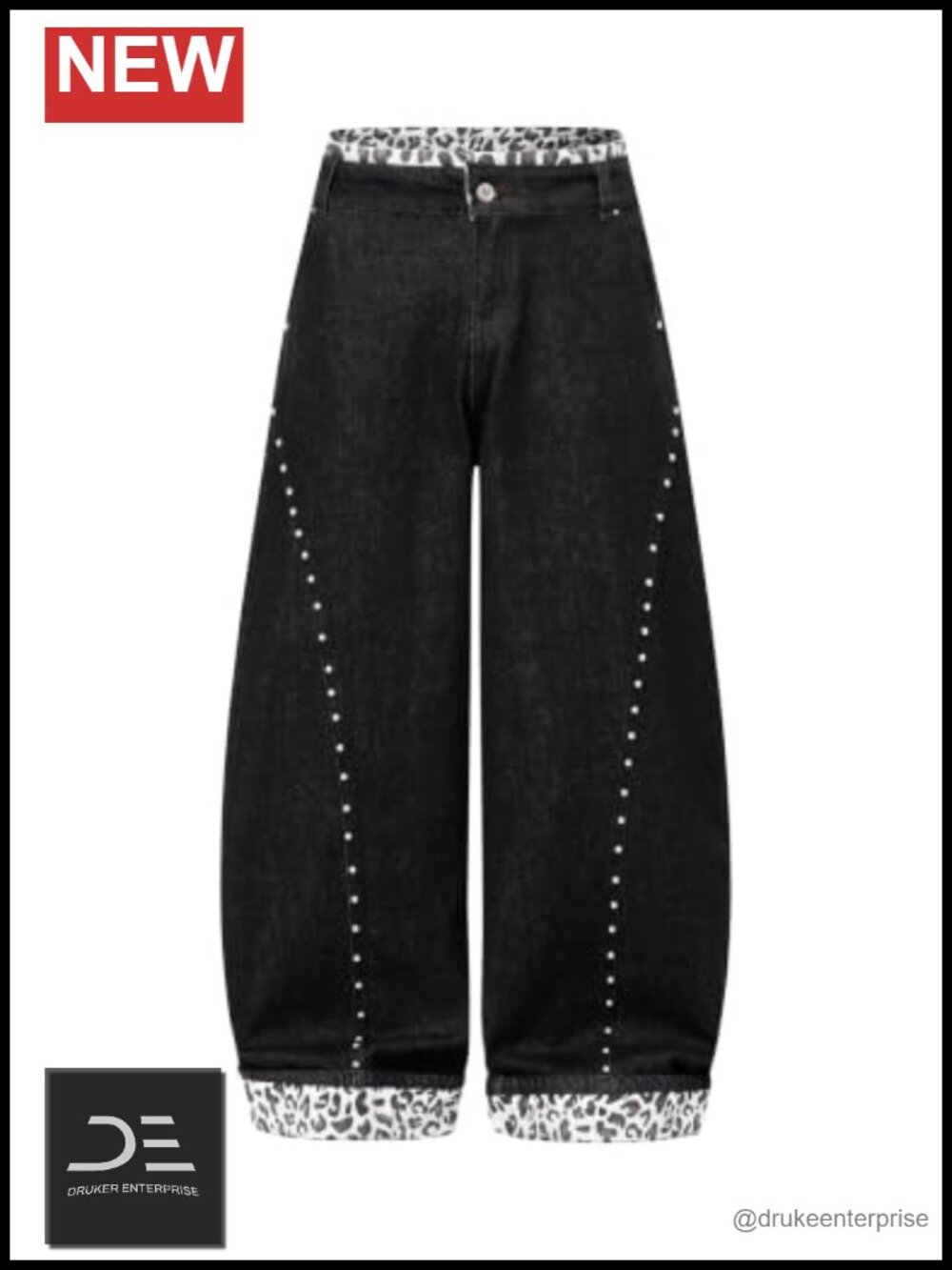 Y2K Leopard Double Waist Wide Leg Baggy Cuff Denim Jeans Streetwear